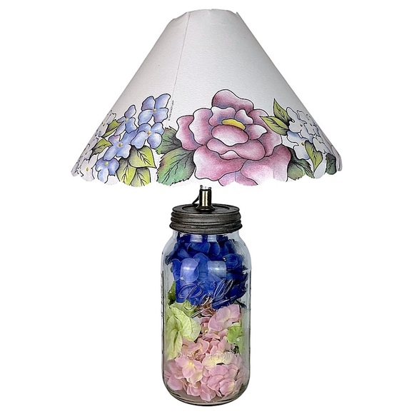 Vintage Mason Jar Lamp Hydrangea Floral Hand Crafted  21” with  Lamp Shade 1999 - Picture 2 of 16